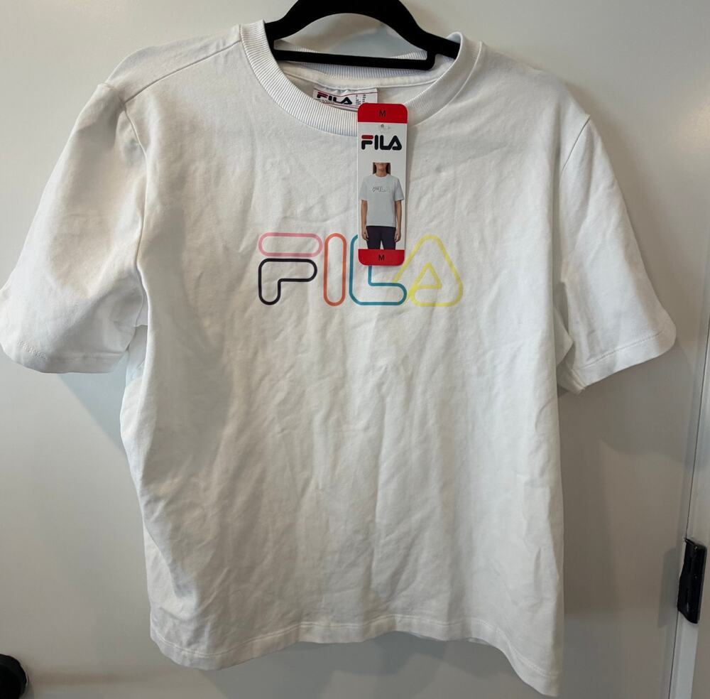 FILA Logo T-shirt NWT Womens Medium Rainbow Activewear Workout Stretchy